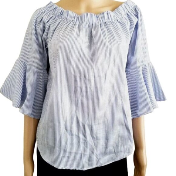 Kontrol Contemporary Tops - Kontrol Contemporary Blue & White Stripe Off-Shoulder 3/4 Sleeve Blouse Medium